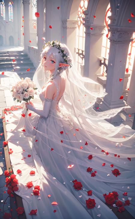 36794-63982324-masterpiece, best quality, 1girl, elf bride, white flowing bridal dress, (rose petals_1.3), church, sunbeam, volumetric lighting.png